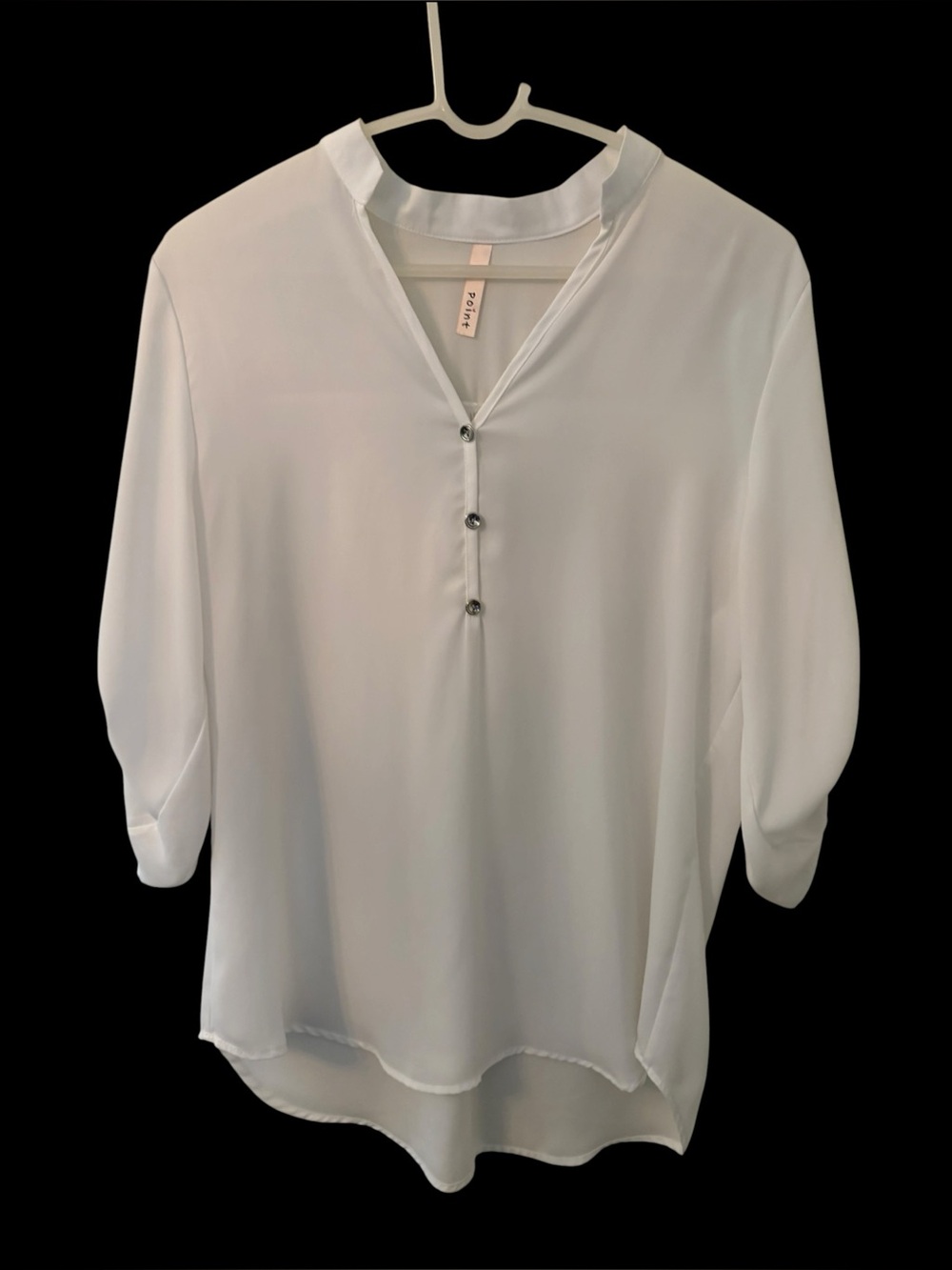 Point Women’s White Blouse-3/4 Gold Button Front -Tab Sleeves-Sz L